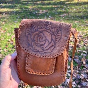 Brown Leather Floral Embossed Crossbody Bag